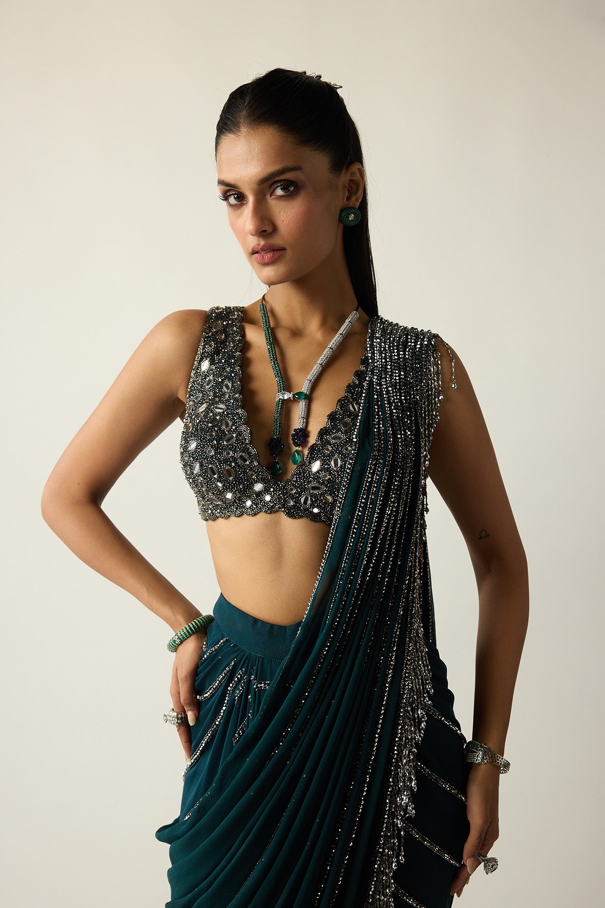 Dark Teal Linear Draped Saree