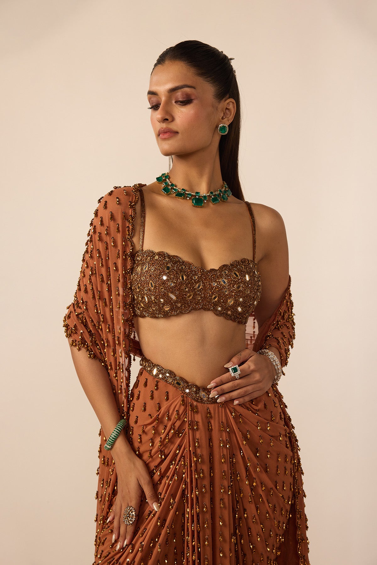 Metallic Copper Single Drop Skirt Set