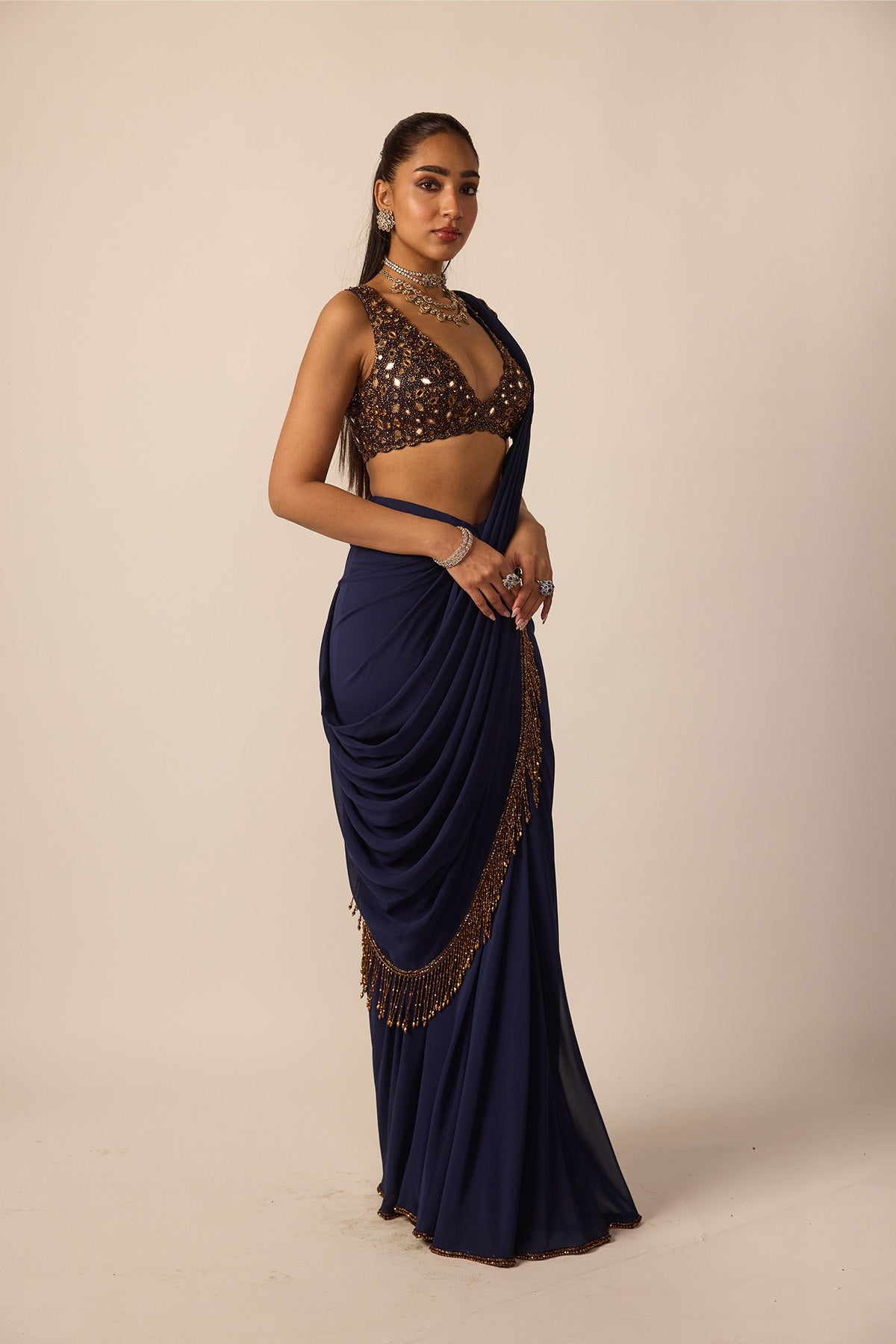 Deep Blue Georgette Tassel Saree