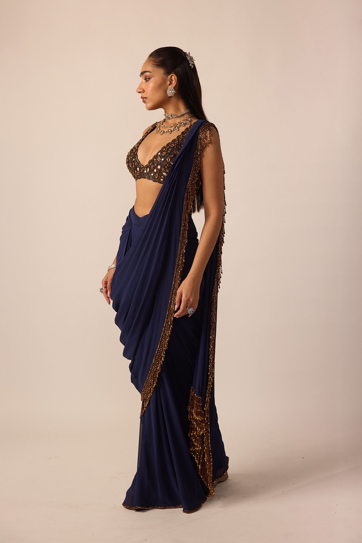 Deep Blue Georgette Tassel Saree