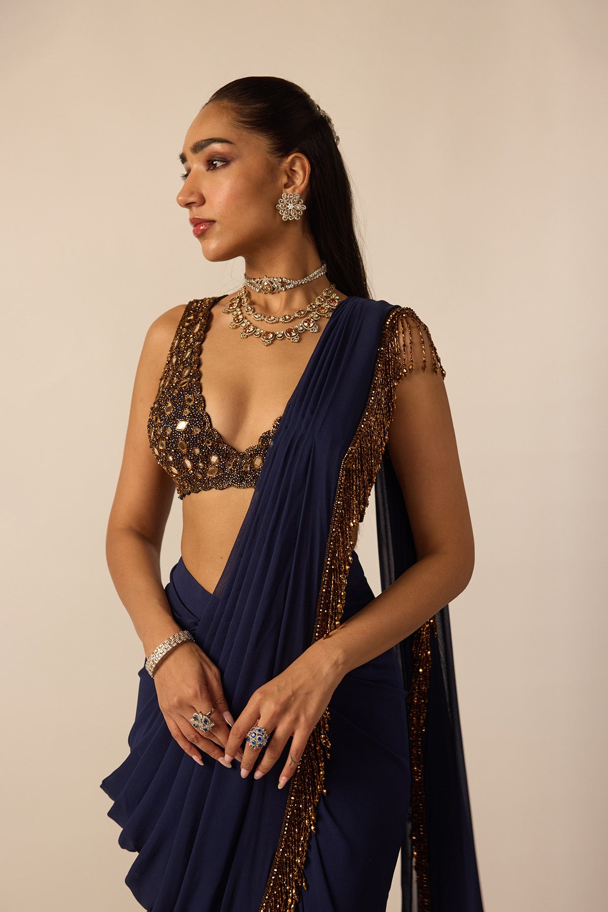 Deep Blue Georgette Tassel Saree
