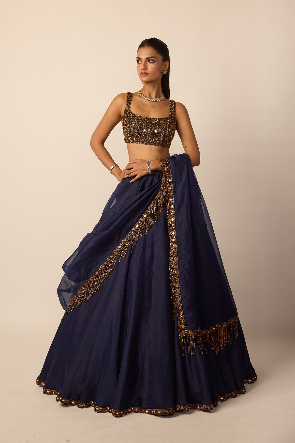 Deep Blue Tassel Dupatta Lehenga Set
