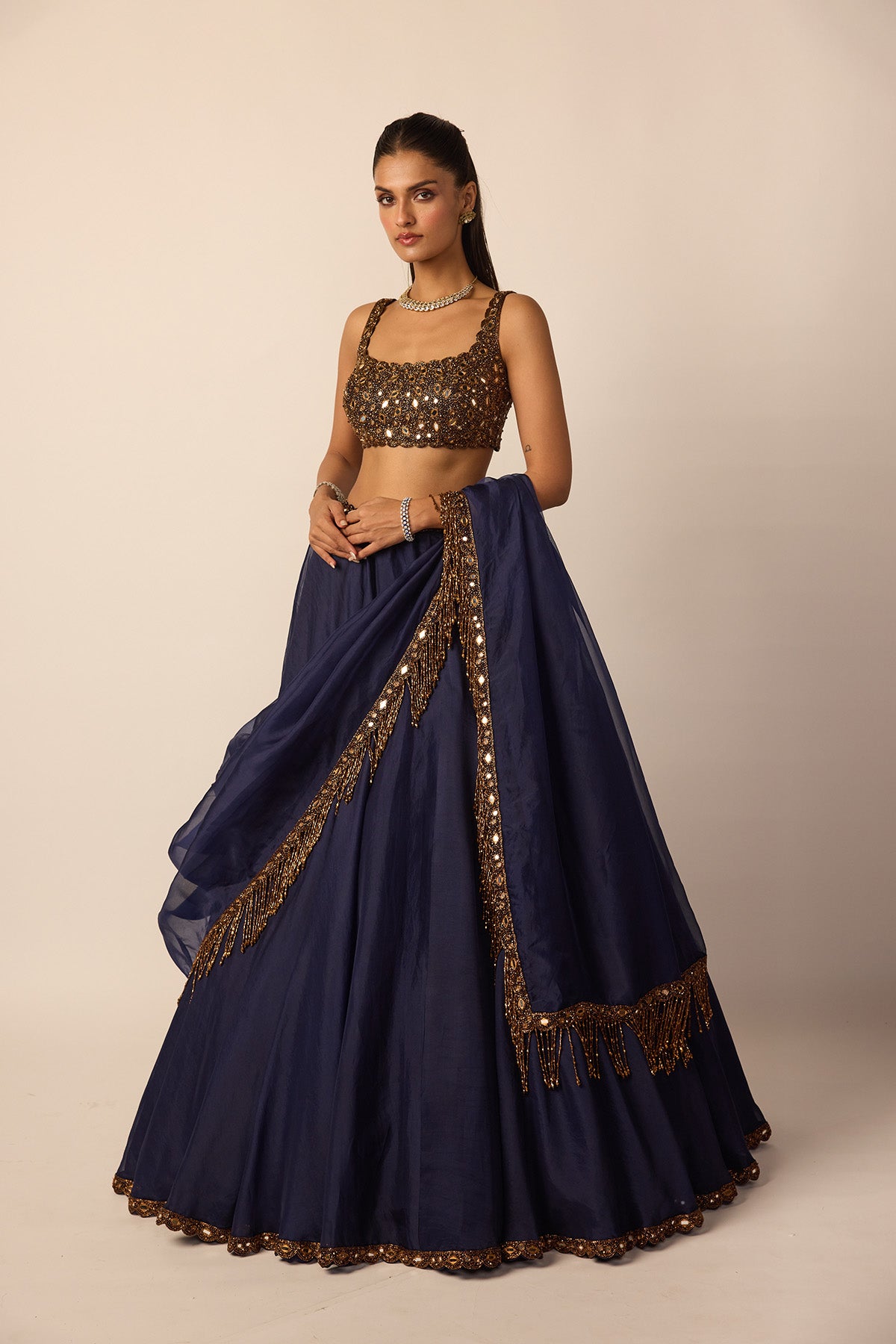 Deep Blue Tassel Dupatta Lehenga Set