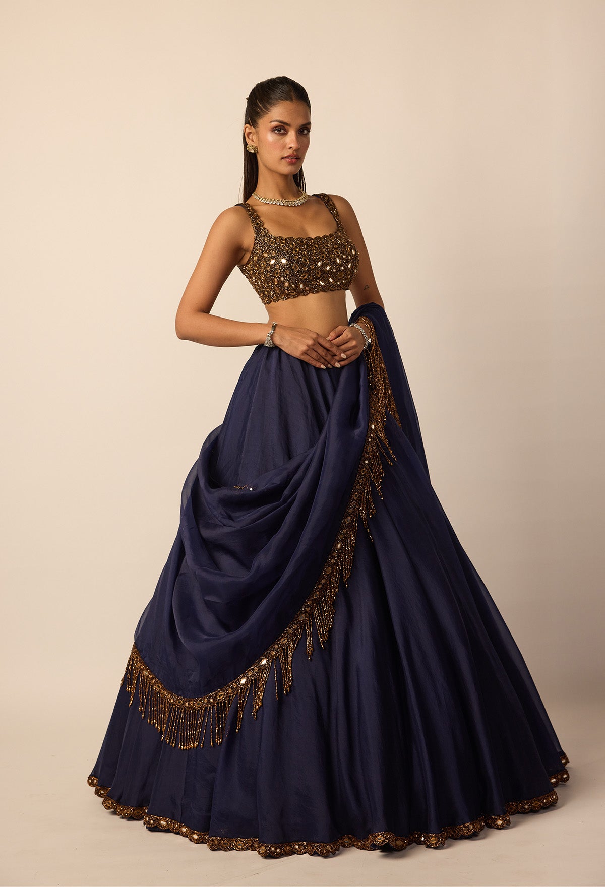 Deep Blue Tassel Dupatta Lehenga Set