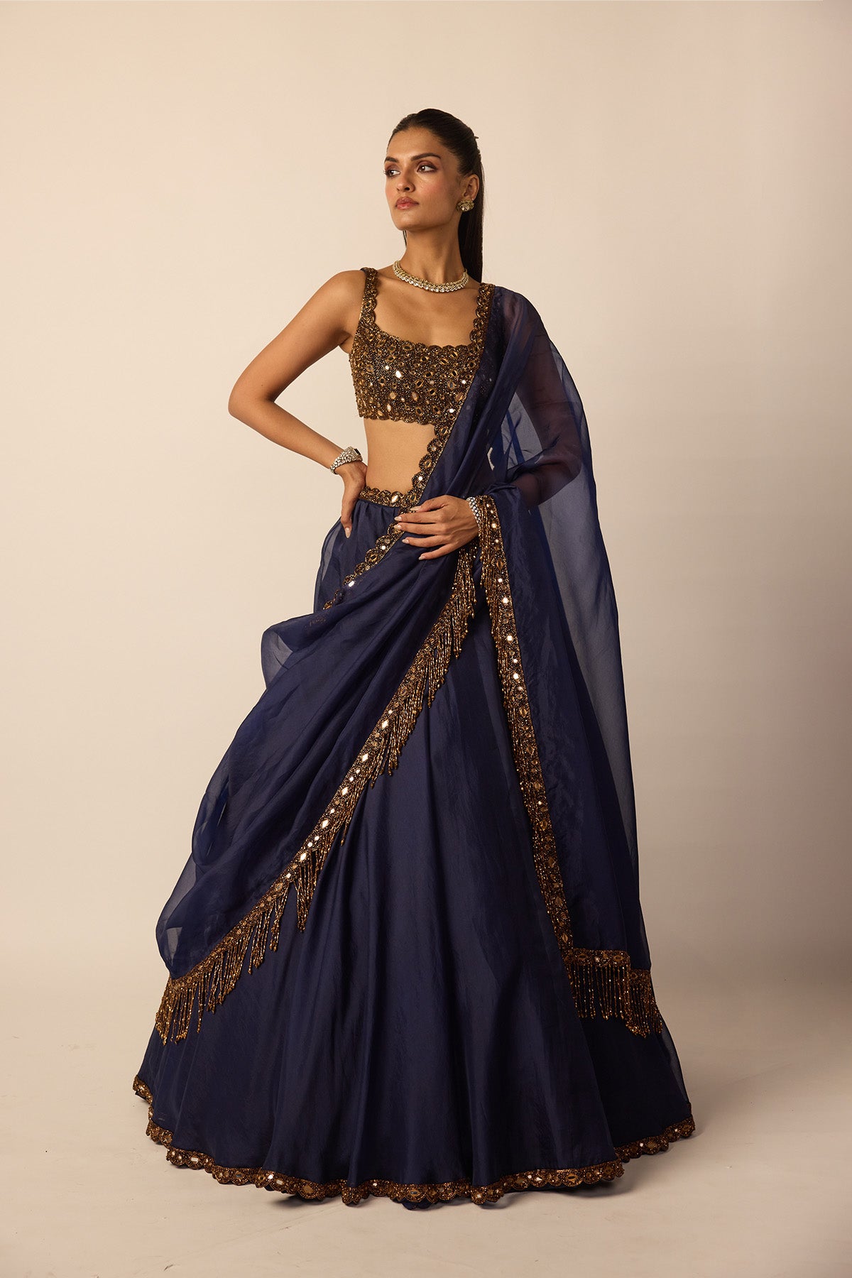 Deep Blue Tassel Dupatta Lehenga Set