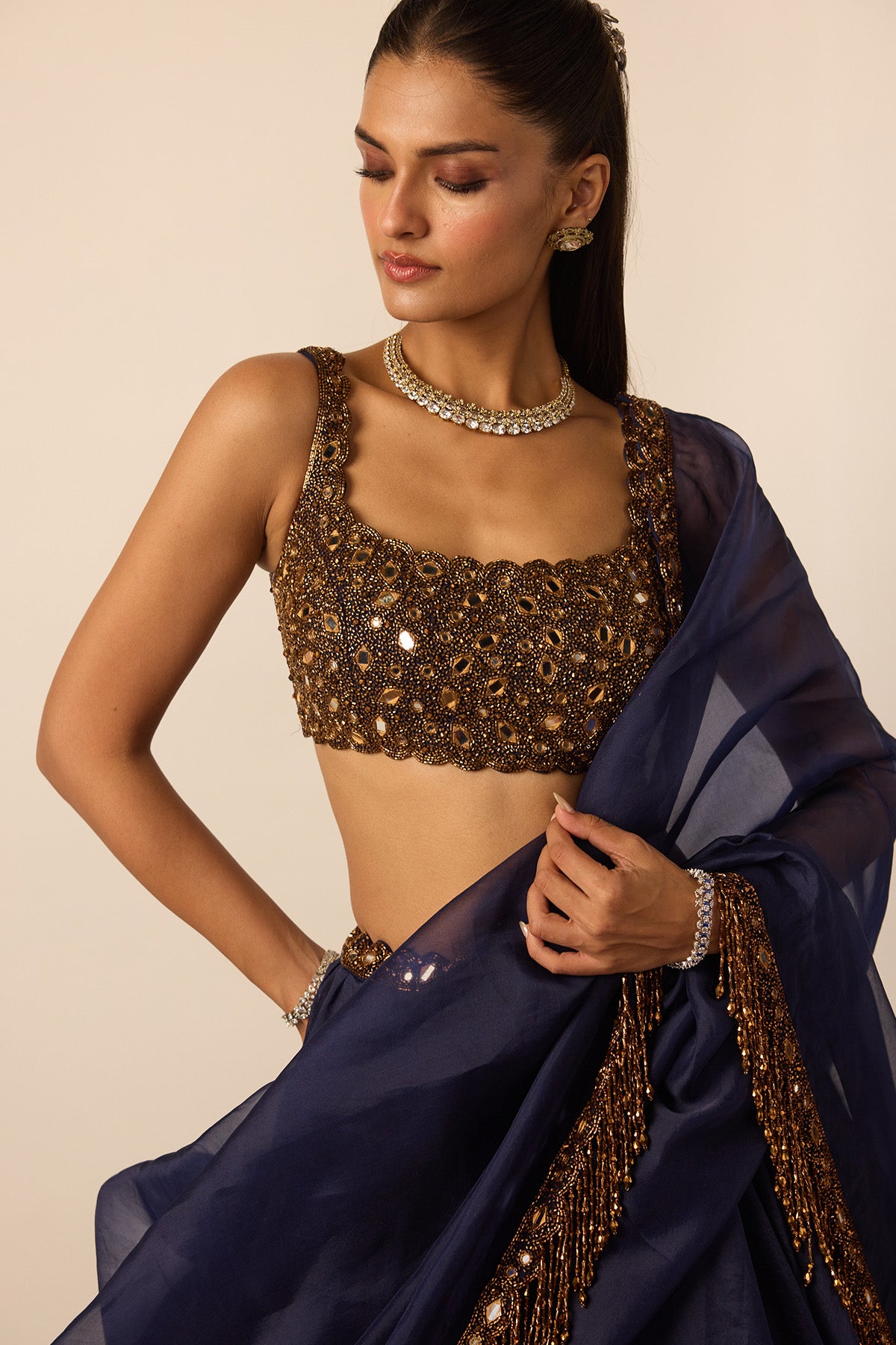 Deep Blue Tassel Dupatta Lehenga Set