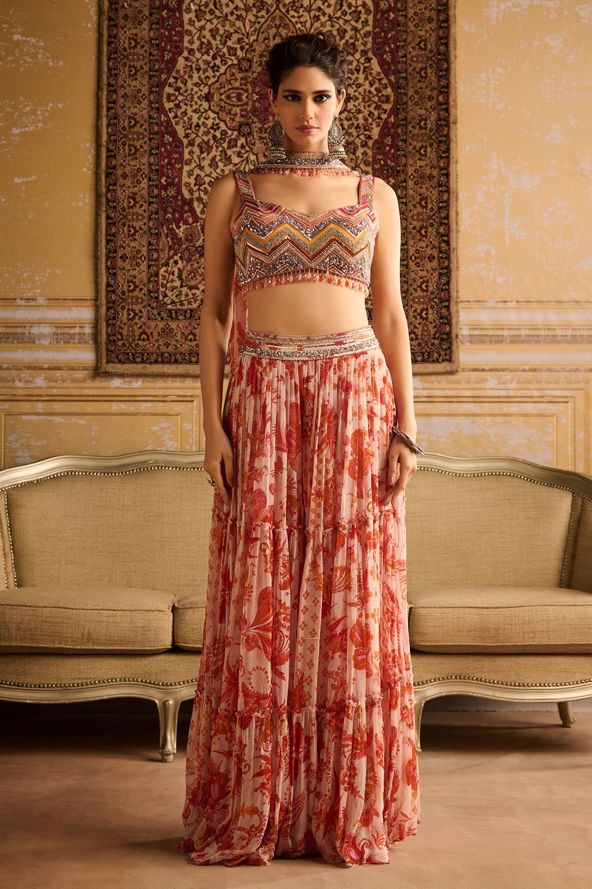 Orange zig-zag print & embroidered blouse and Gharara set