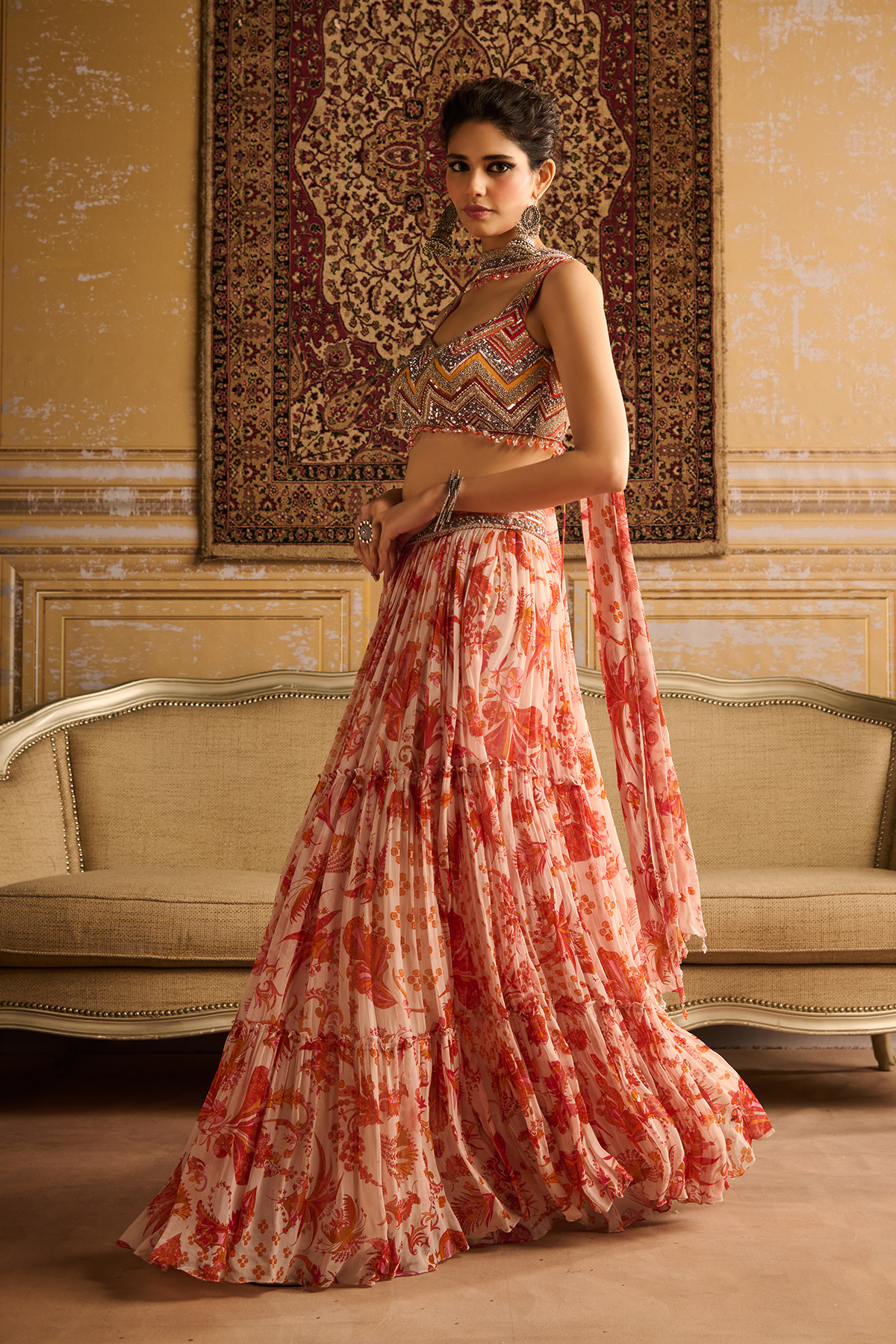 Orange zig-zag print & embroidered blouse and Gharara set