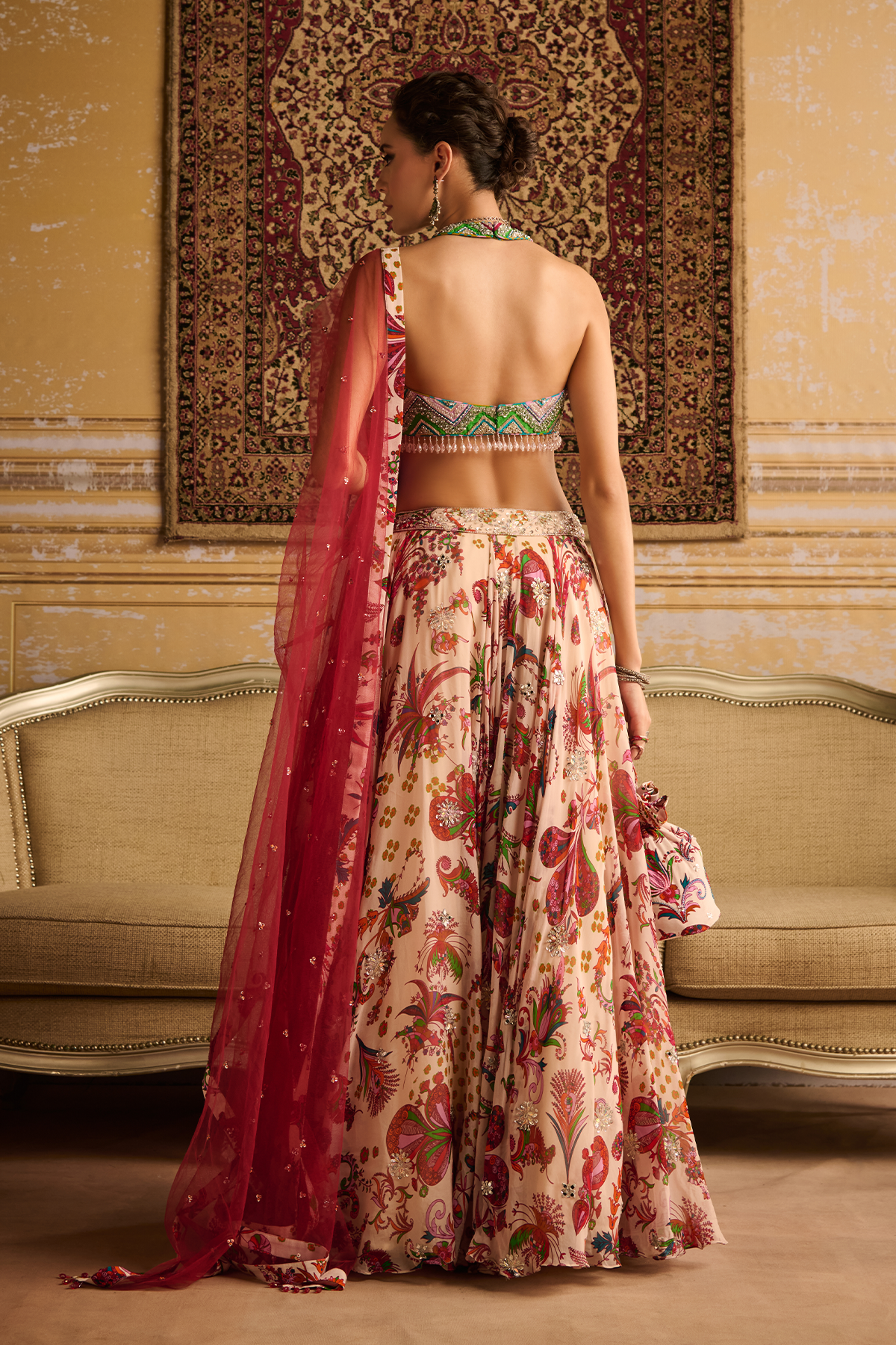 Red zig-zag butta print embroidered blouse and lehenga set
