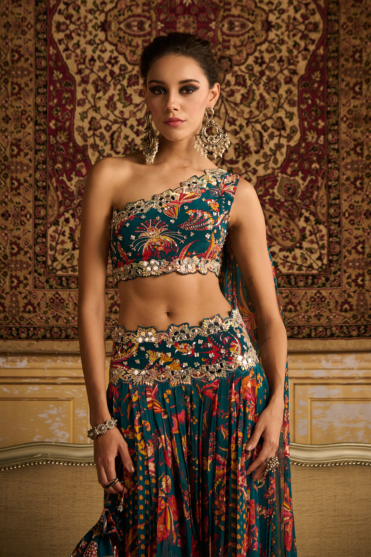 Teal embroidered blouse and Pleated pants