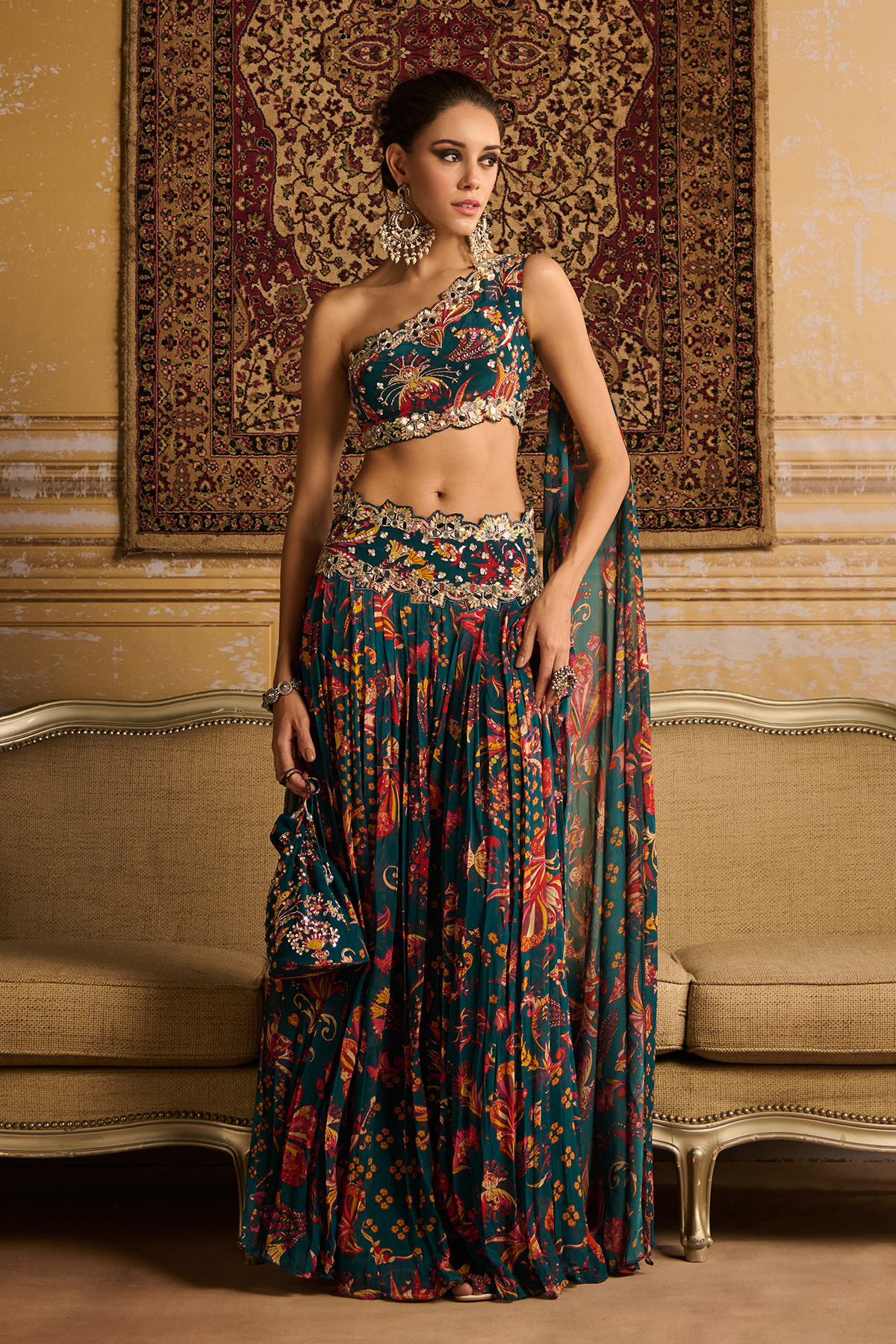 Teal embroidered blouse and Pleated pants