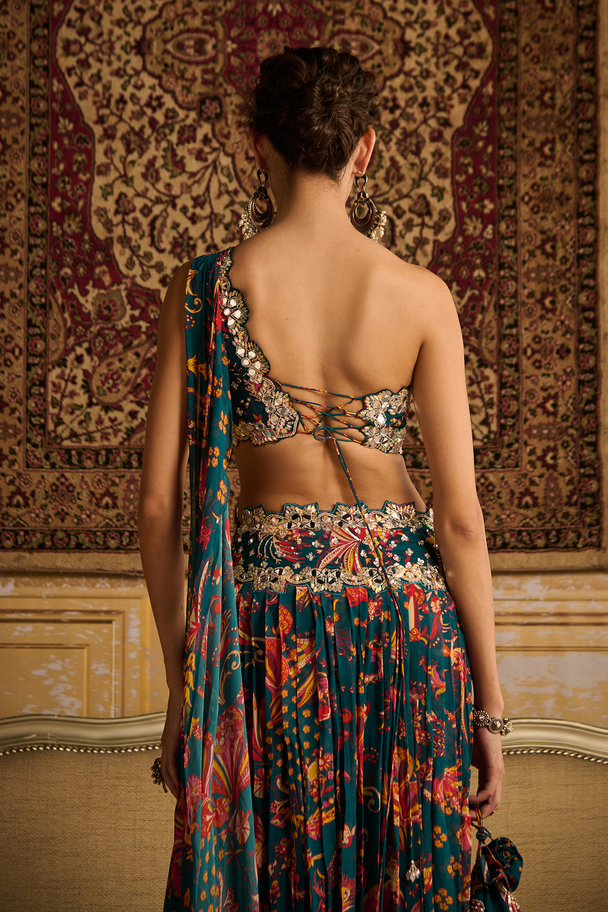 Teal embroidered blouse and Pleated pants