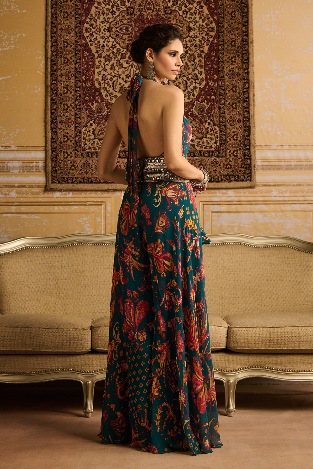 Teal jumpsuit with embroidered belt