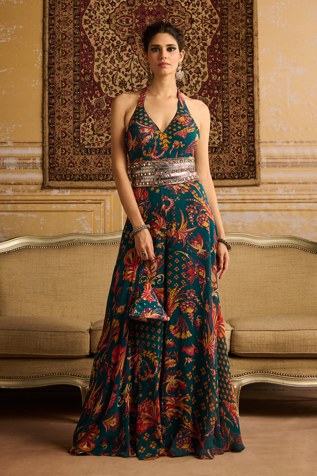 Teal jumpsuit with embroidered belt