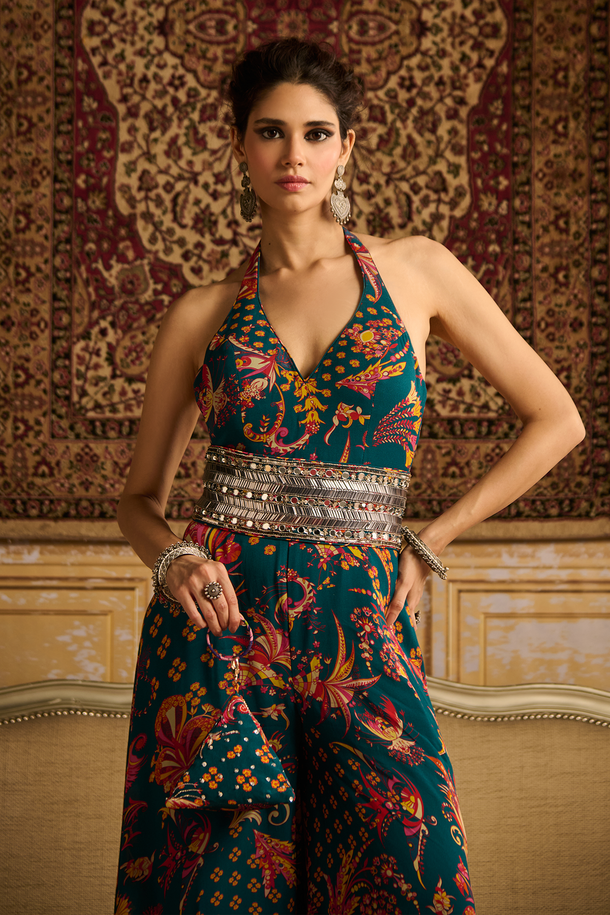 Teal jumpsuit with embroidered belt