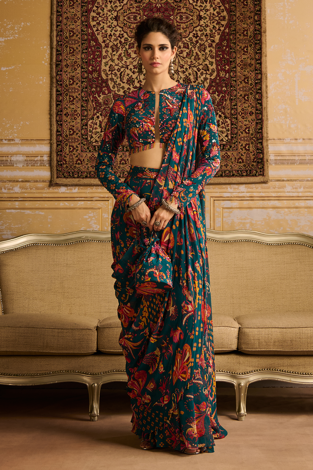 Teal embroidered blouse with pant saree set