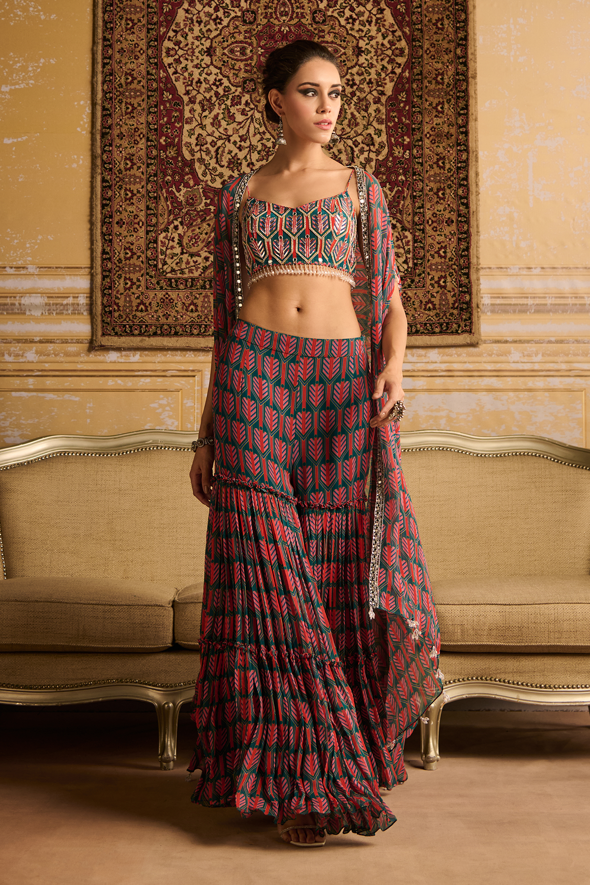 Teal embroidered blouse with cape set