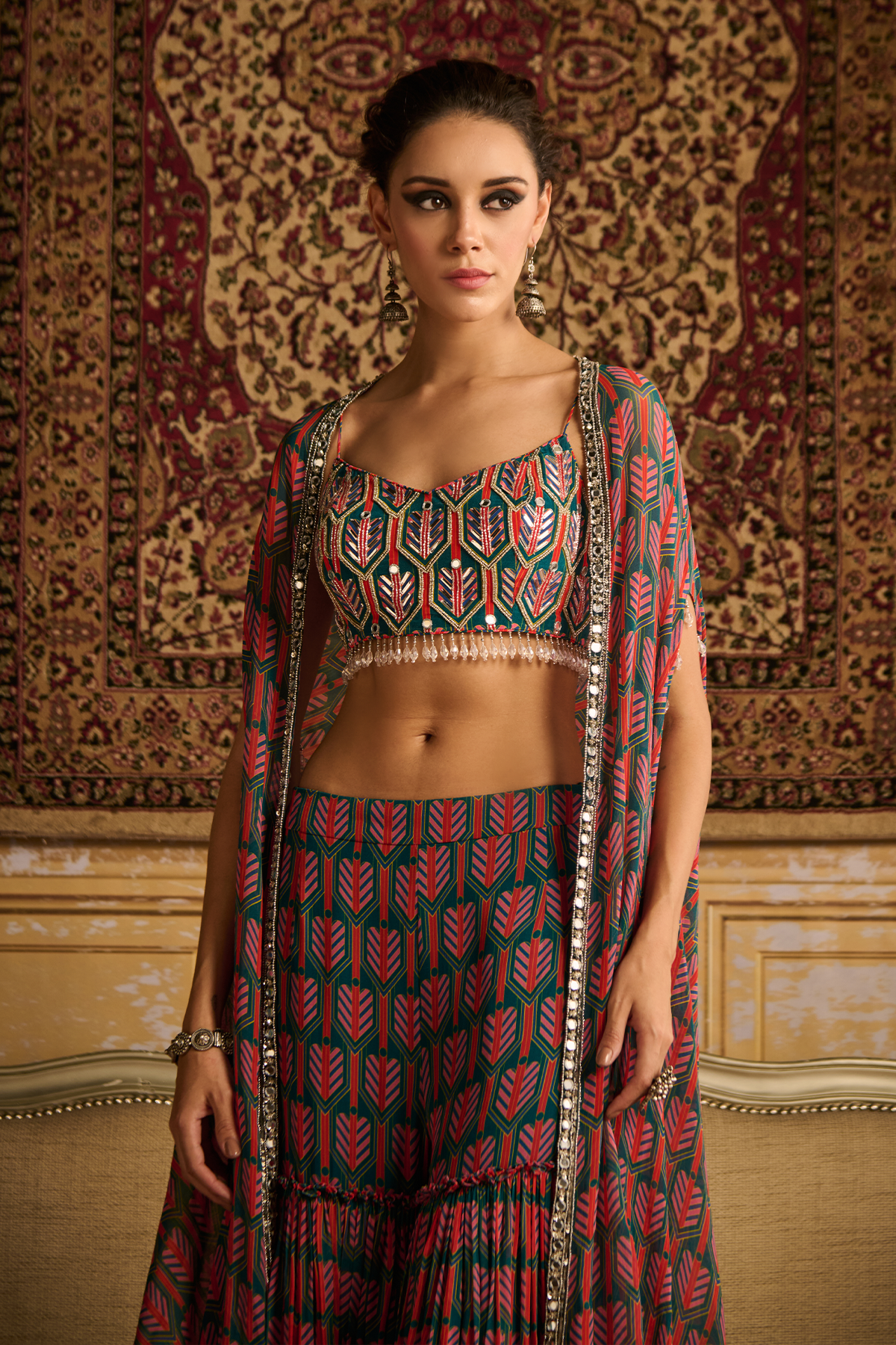 Teal embroidered blouse with cape set