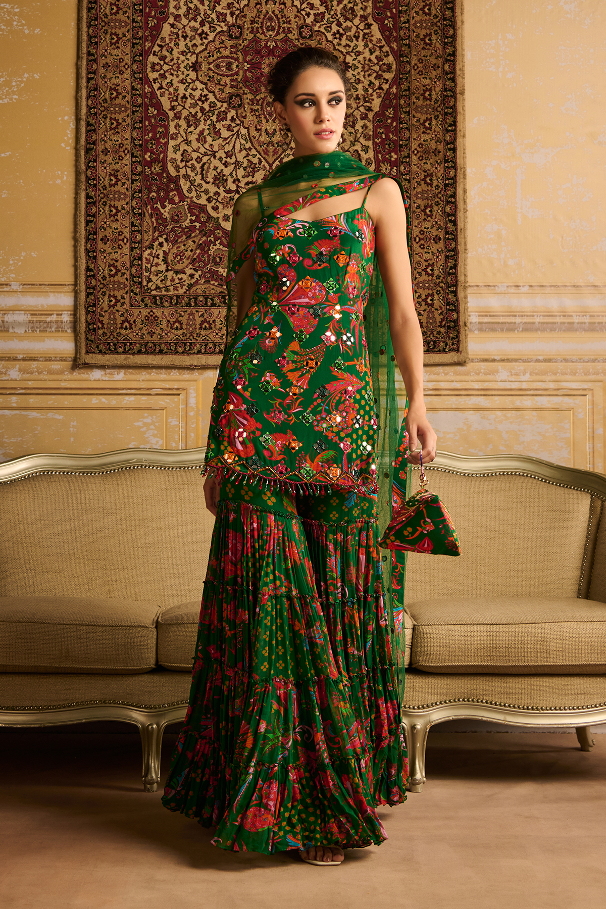 Dark Green embroidered kurti and Gharara set