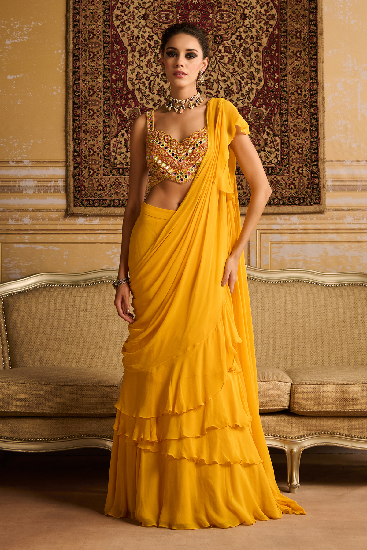 Yellow embroidered blouse and skirt saree set