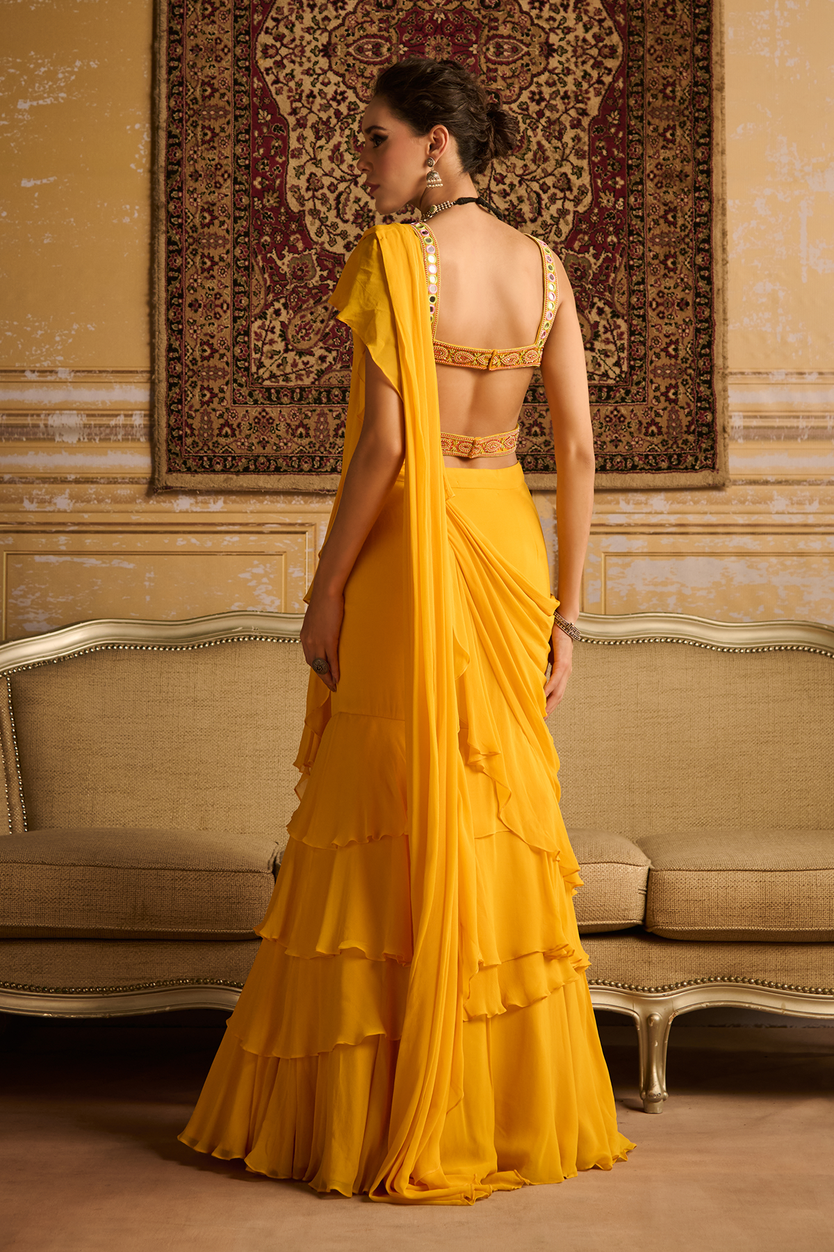 Yellow embroidered blouse and skirt saree set