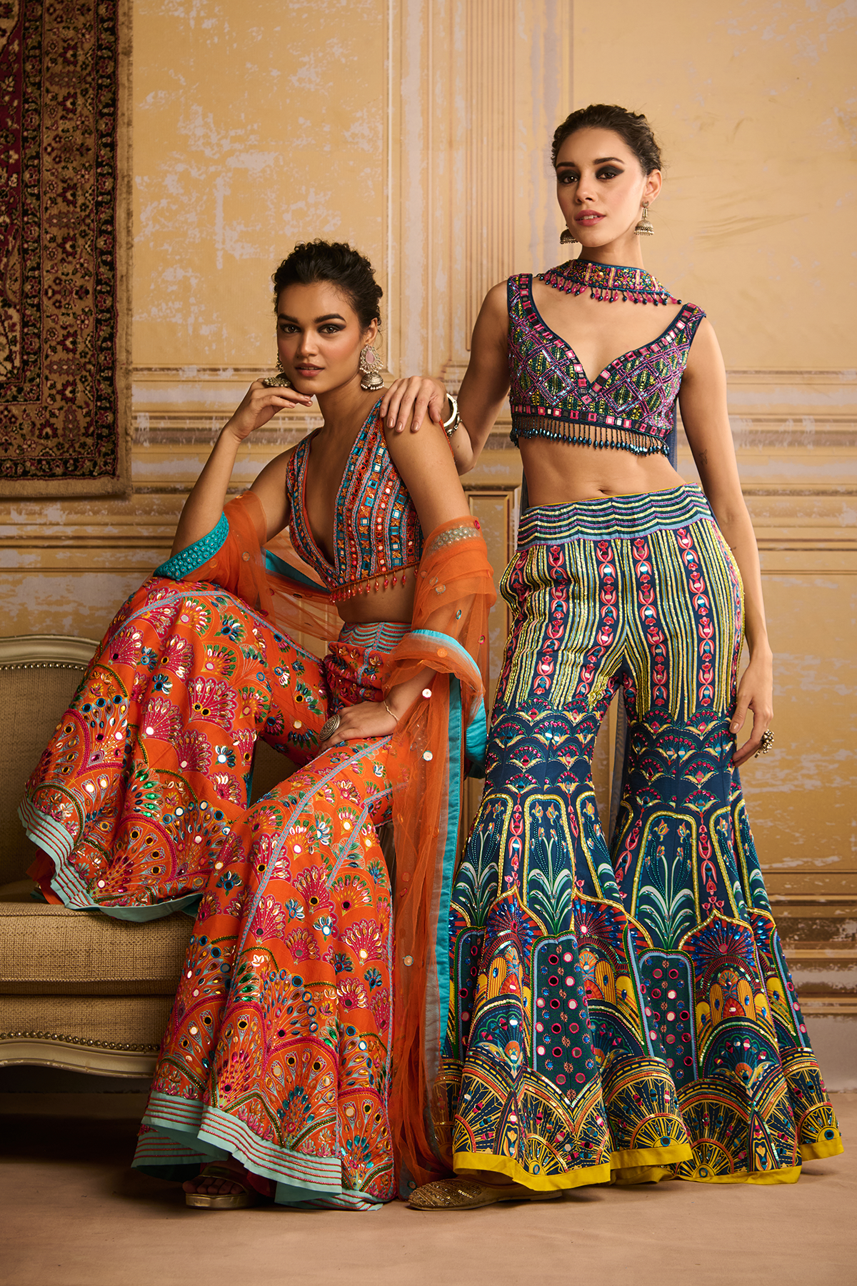 Teal embroidered blouse and Sharara set