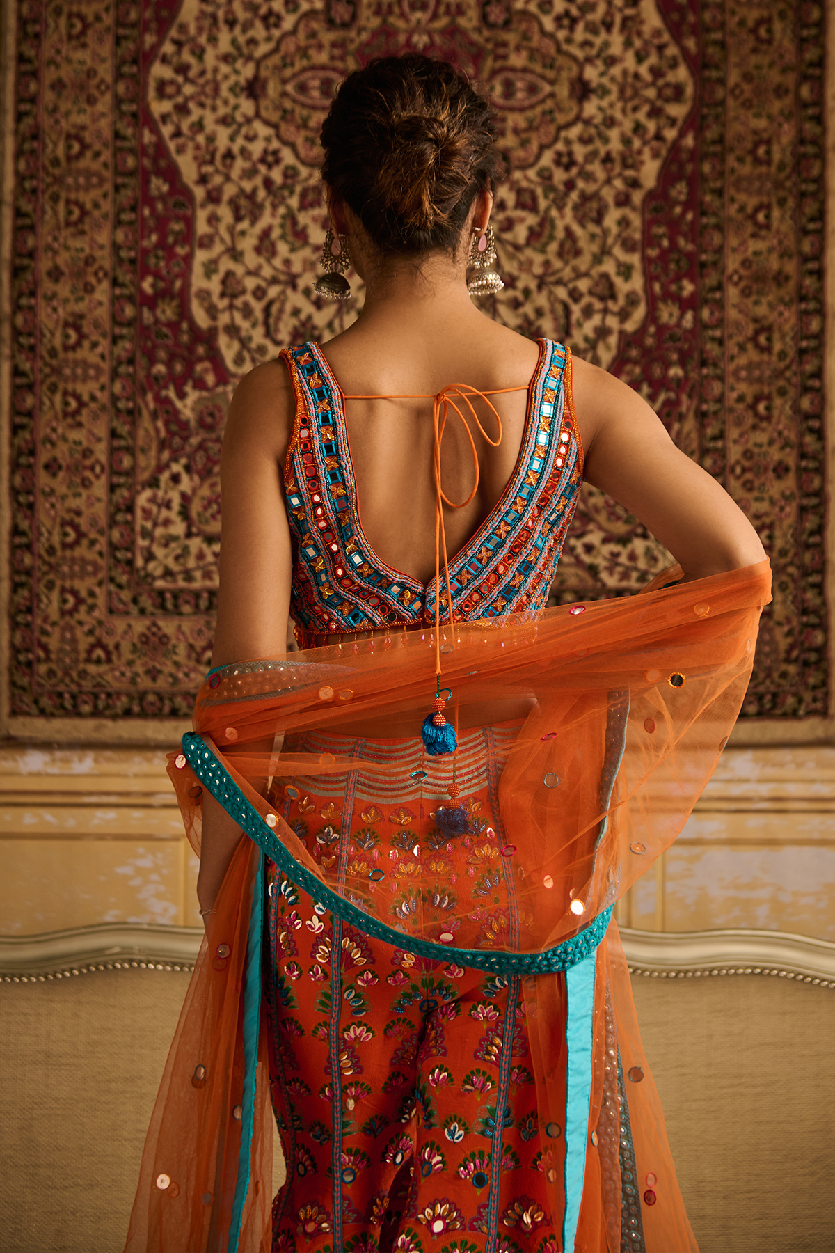 Orange embroidered blouse and Sharara set