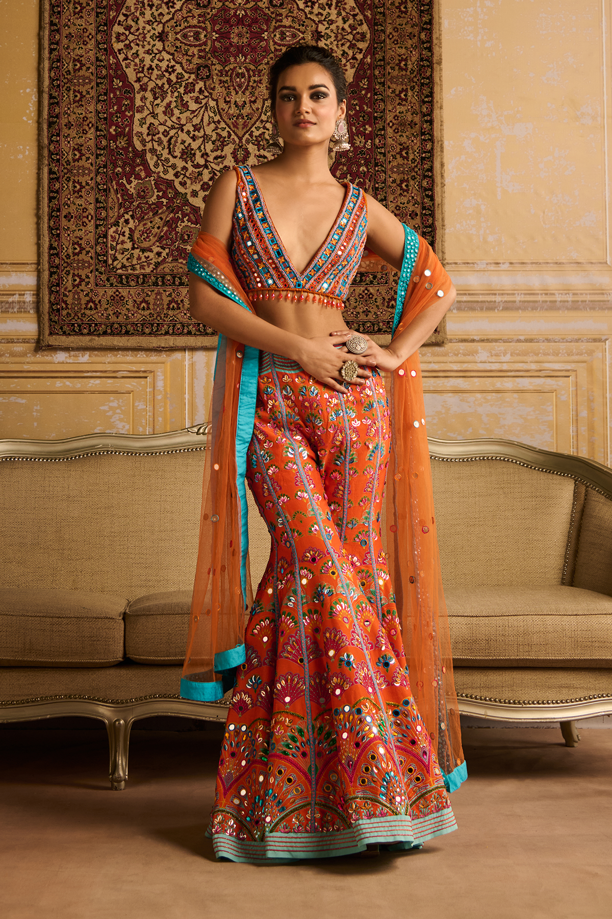 Orange embroidered blouse and Sharara set
