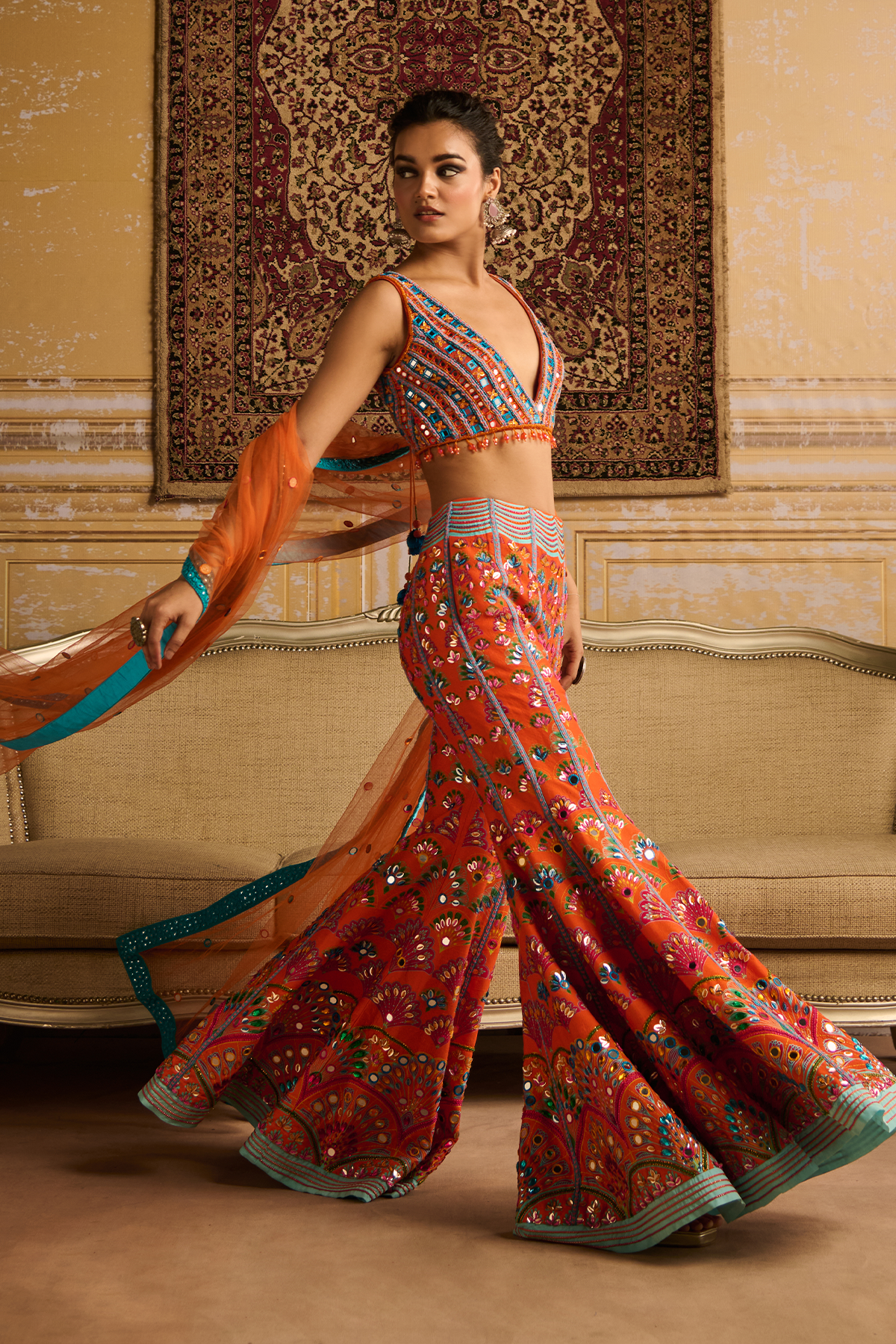 Orange embroidered blouse and Sharara set