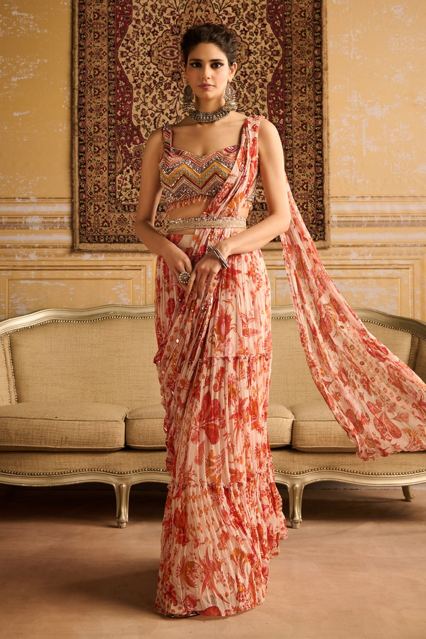 Orange print & embroidered blouse and skirt saree set