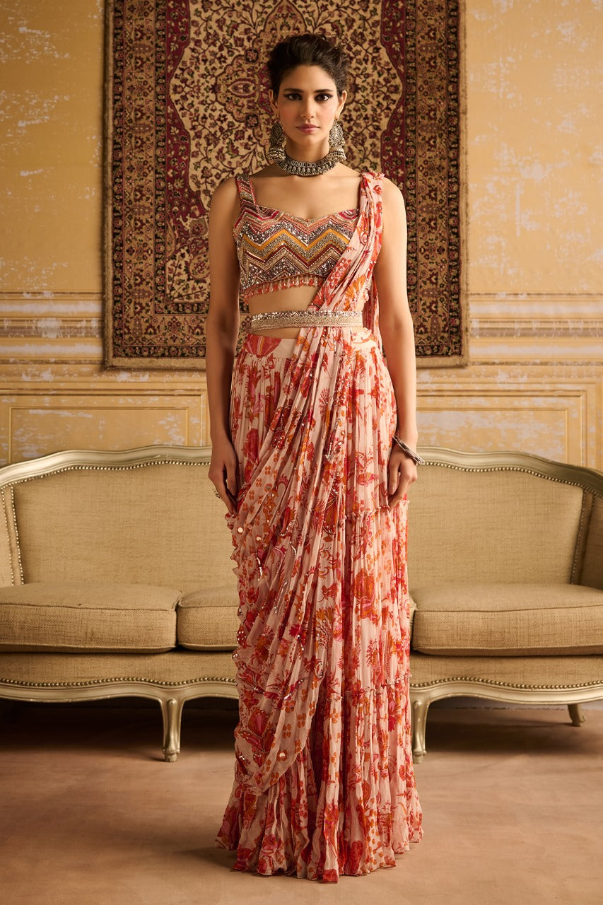Orange print & embroidered blouse and skirt saree set