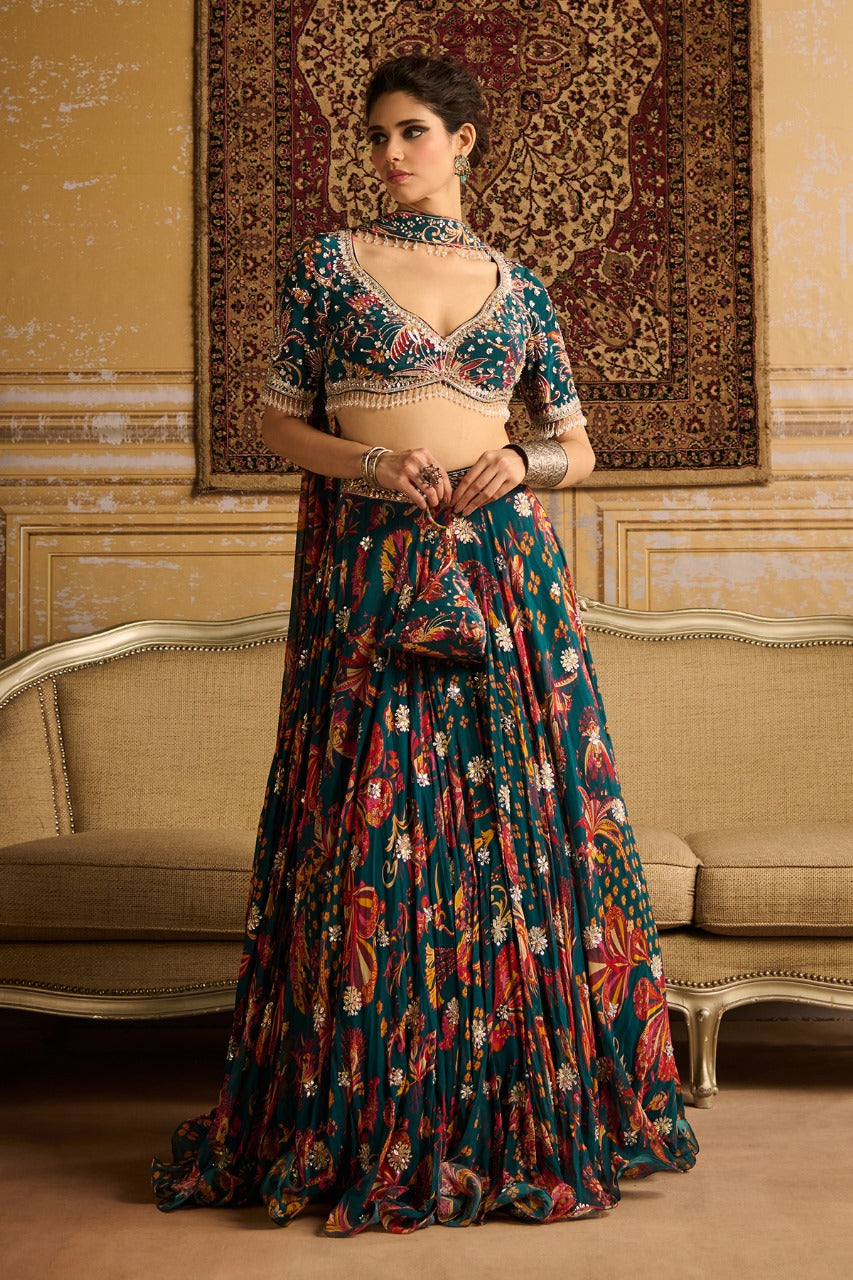 Teal embroidered blouse and Lehenga set