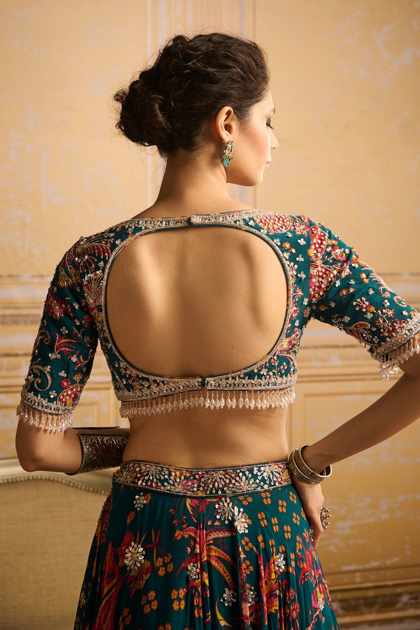 Teal embroidered blouse and Lehenga set