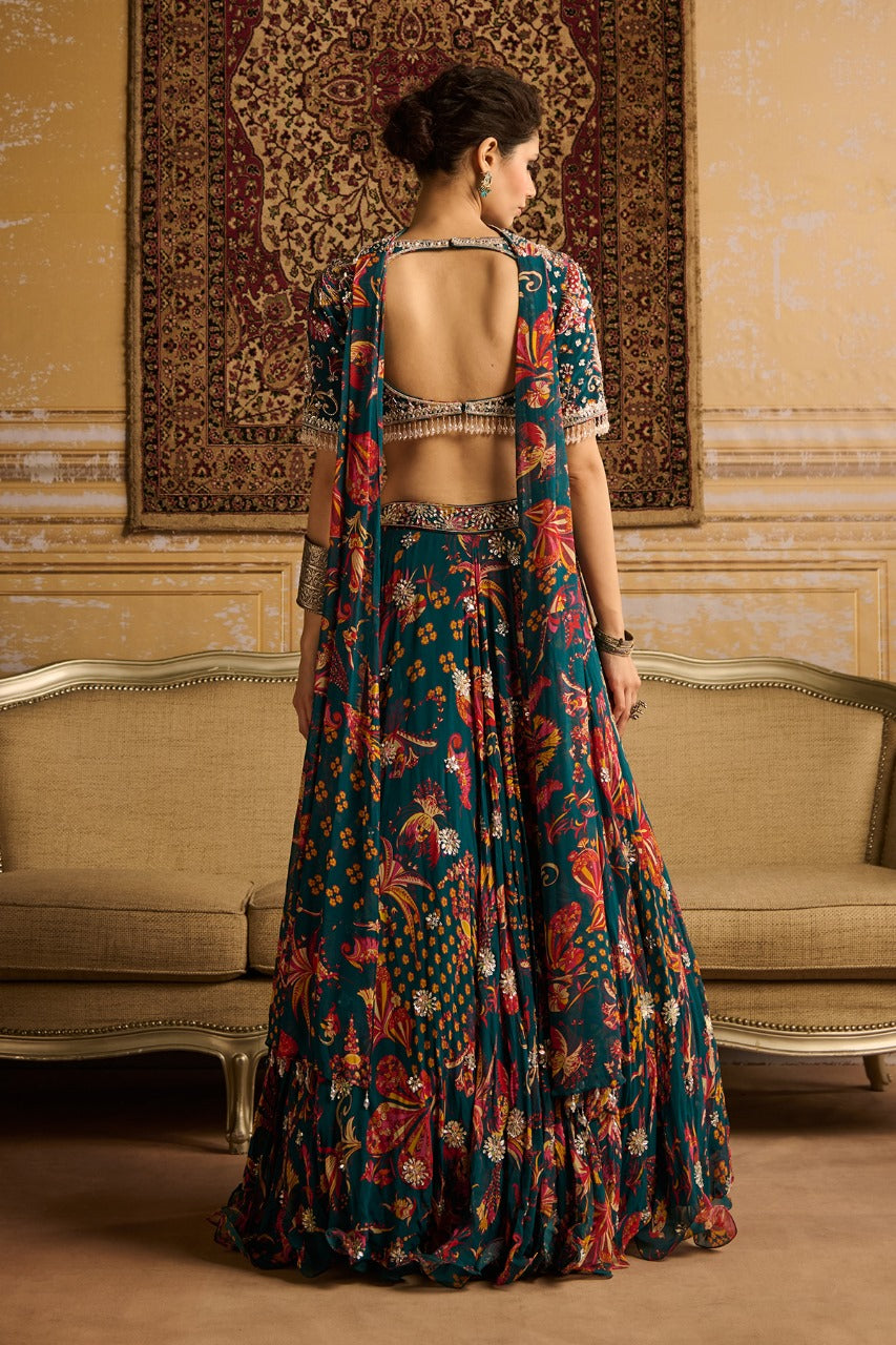 Teal embroidered blouse and Lehenga set