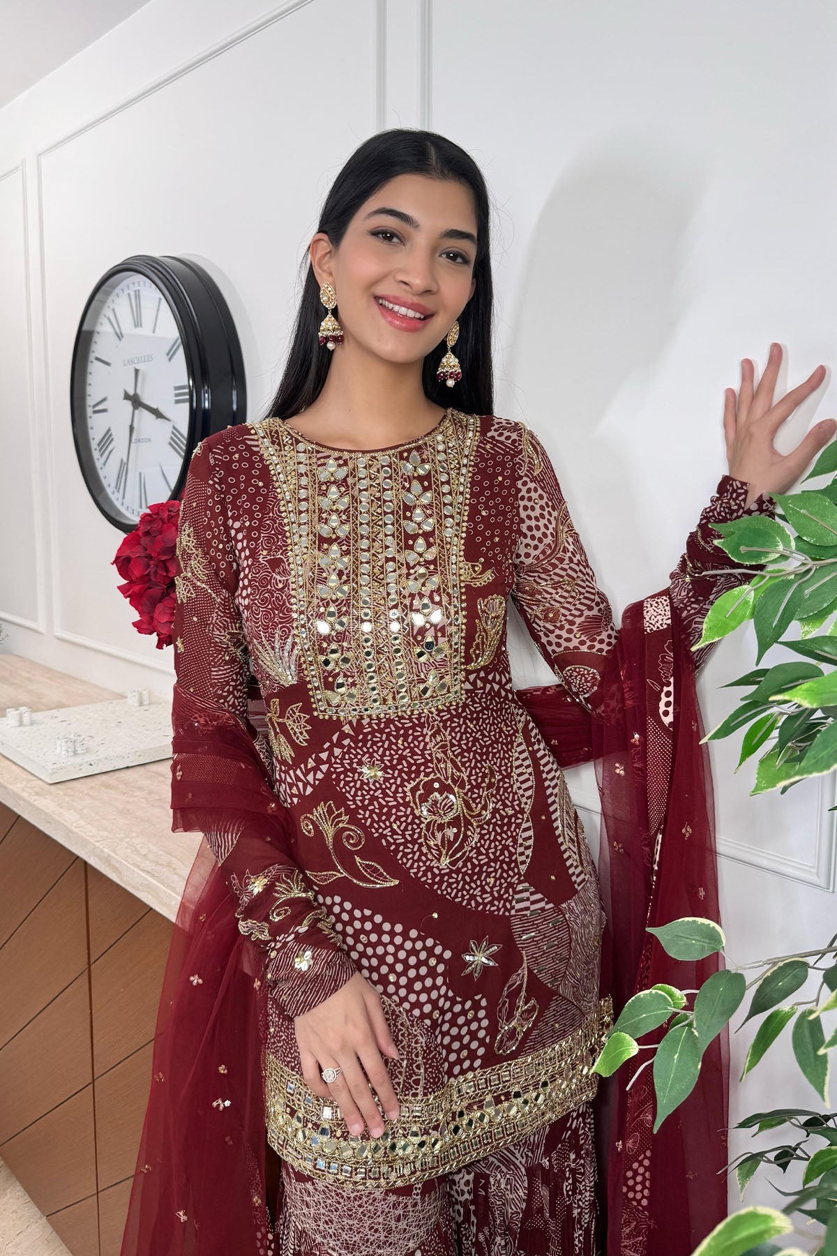 Hanna Khan in Maroon Print and Highlighted Kurti Set