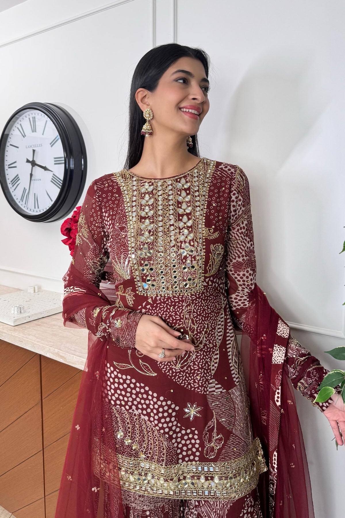 Hanna Khan in Maroon Print and Highlighted Kurti Set