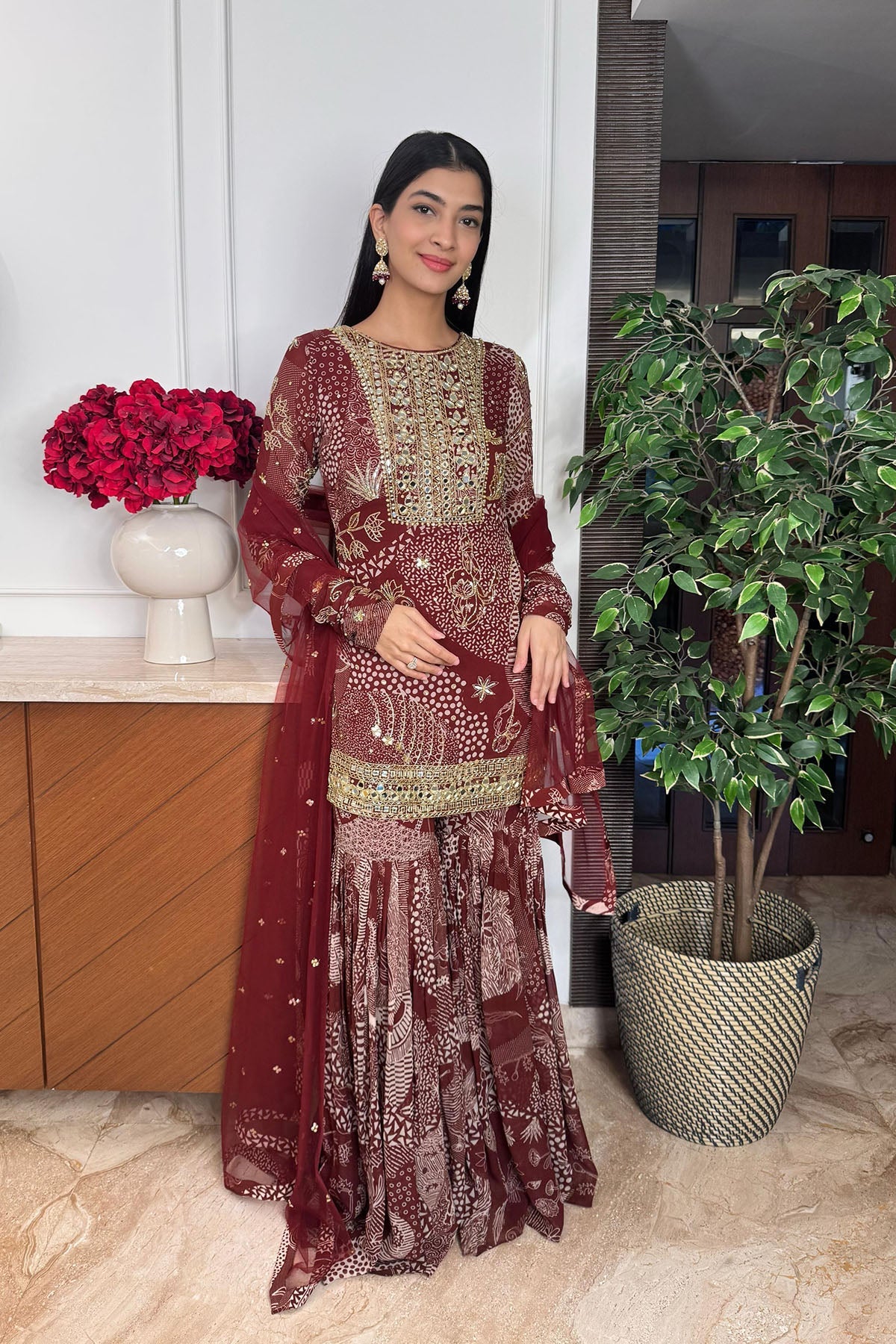 Hanna Khan in Maroon Print and Highlighted Kurti Set