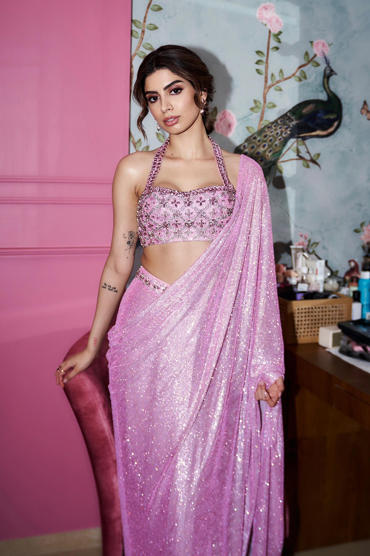 Khushi Kapoor in Pink Mystic Saree Set