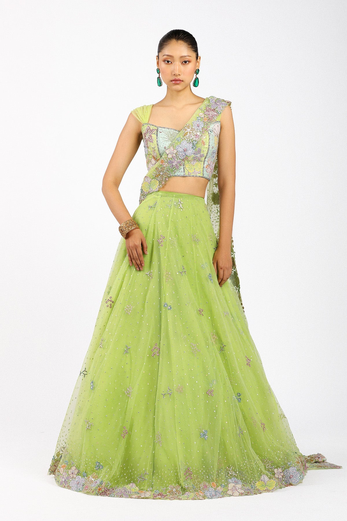 Azalée - Lime Green Tulle Saree Lehenga - Ready To Ship