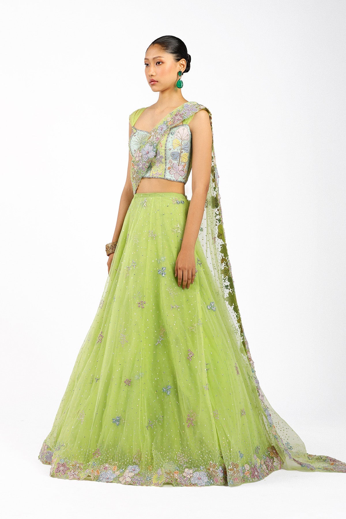 Azalée - Lime Green Tulle Saree Lehenga - Ready To Ship