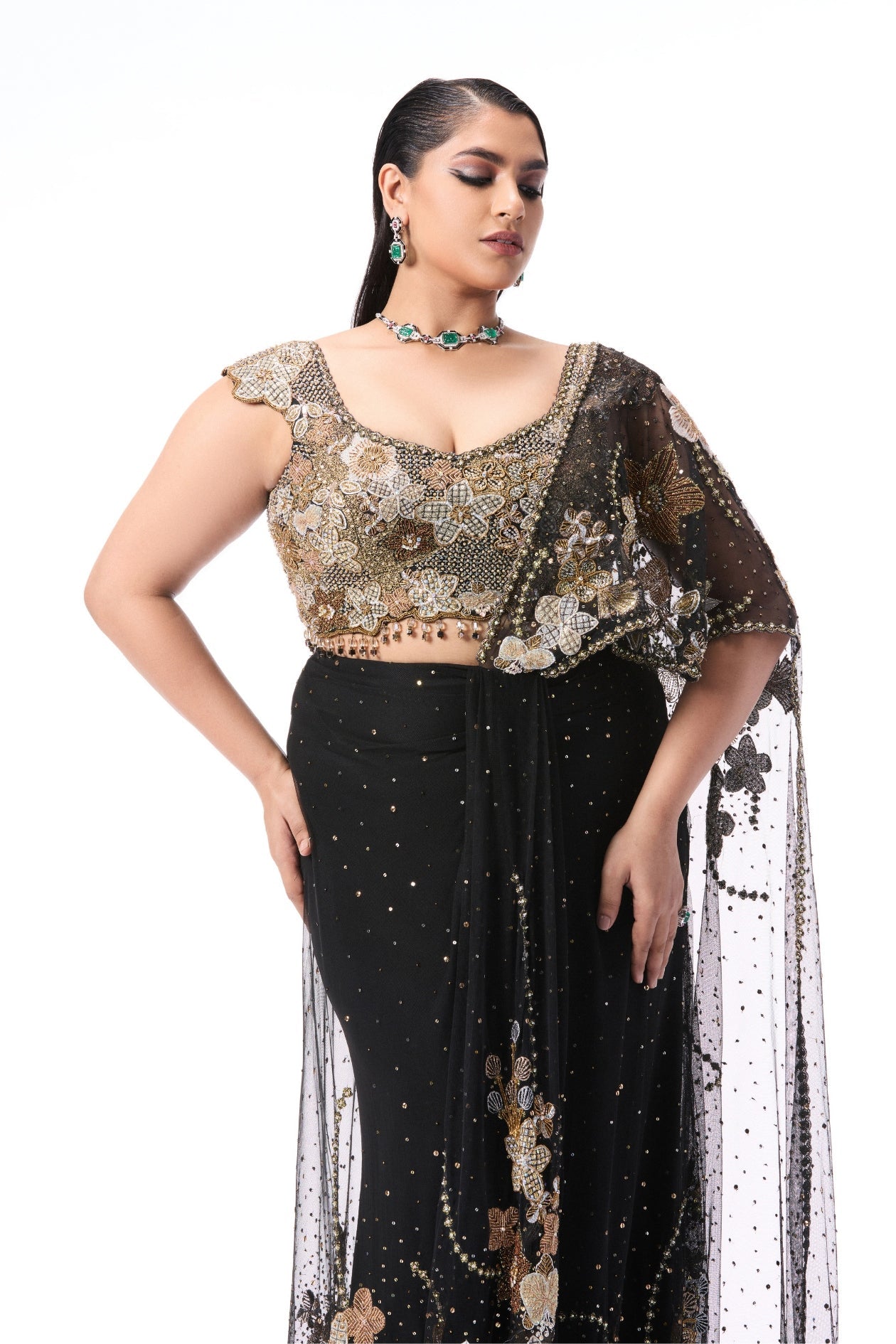 Solette - Black Tulle Draped Saree - Ready To Ship