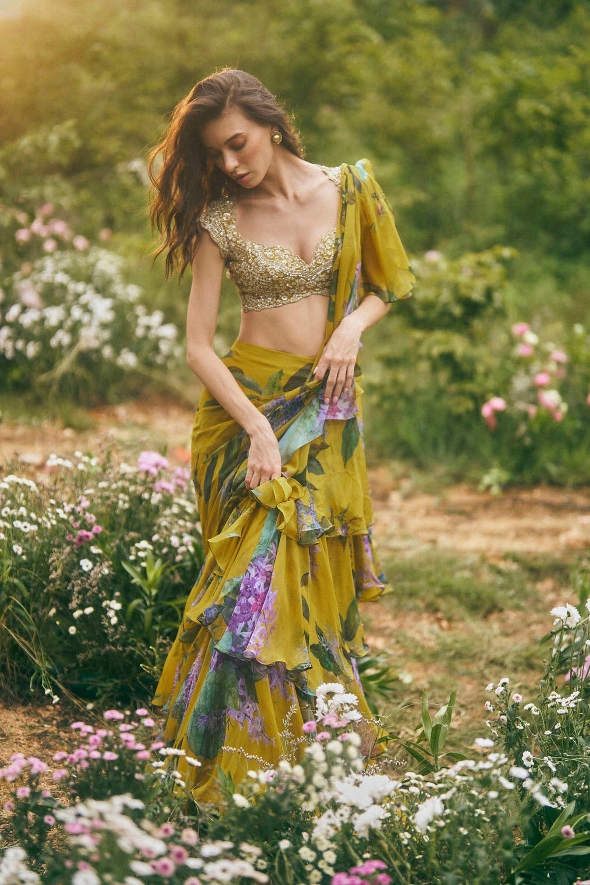 Akhila Printed Ruffle Saree Set