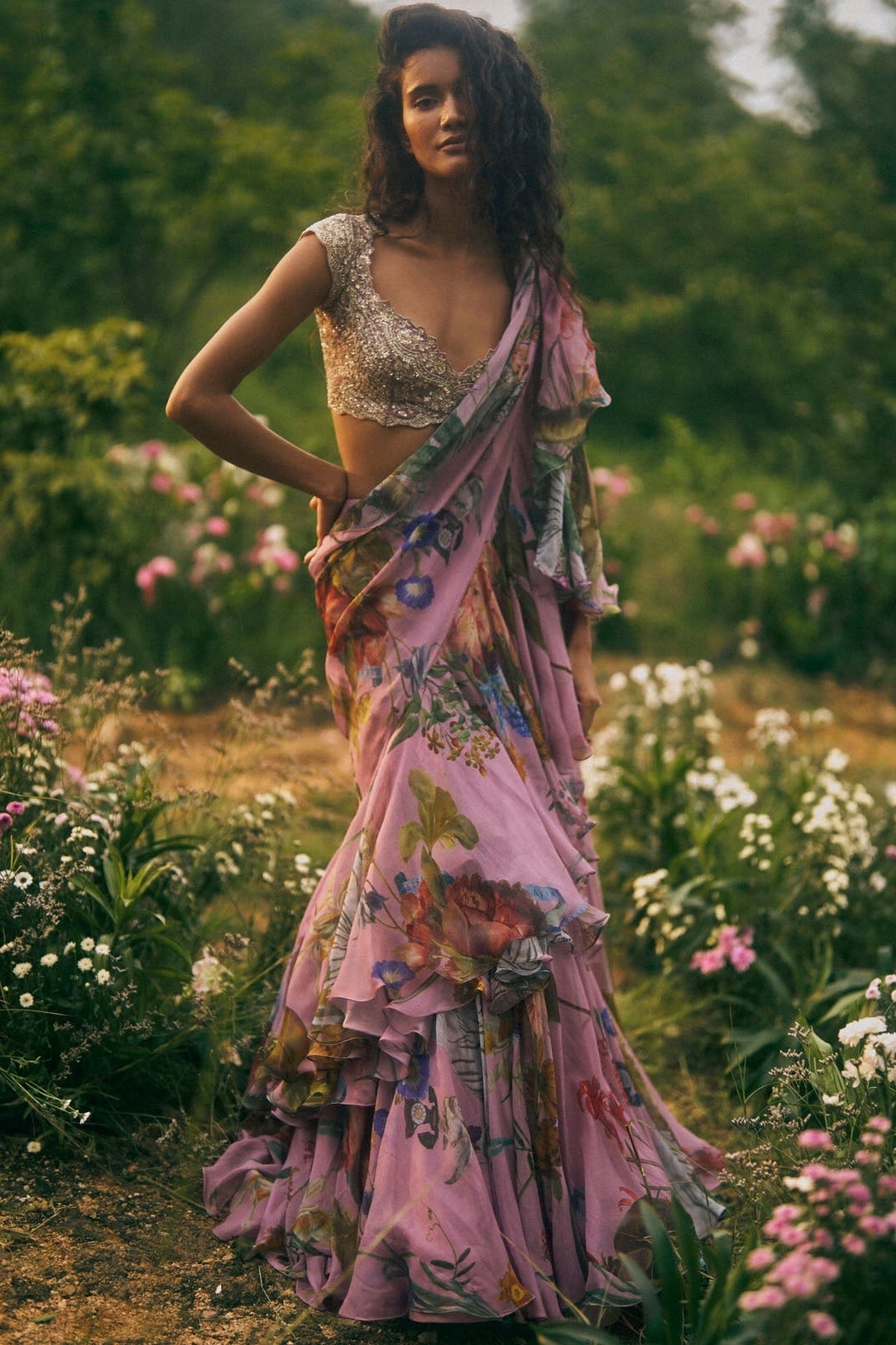 Akhila Printed Ruffle Saree Set