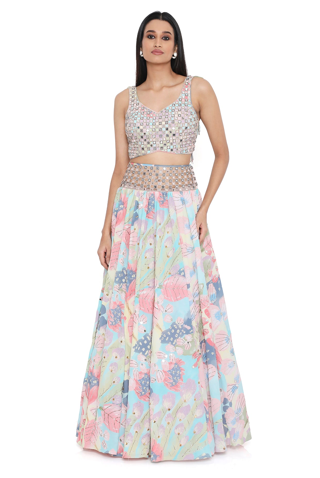 Amalfi Euphoria Print Embroidered Tie Up Back Choli And Lehenga