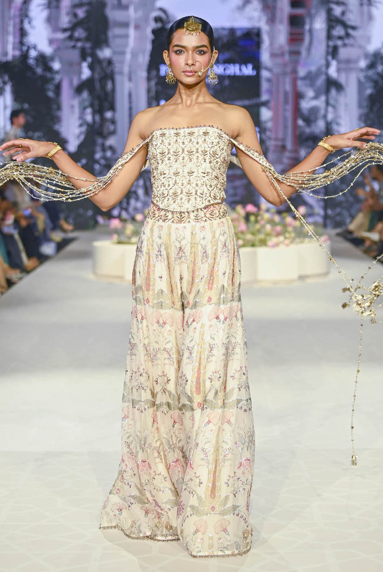 Anam Off White Corset Embroidered Choli With Ochre Forset Whisper Print Sharara