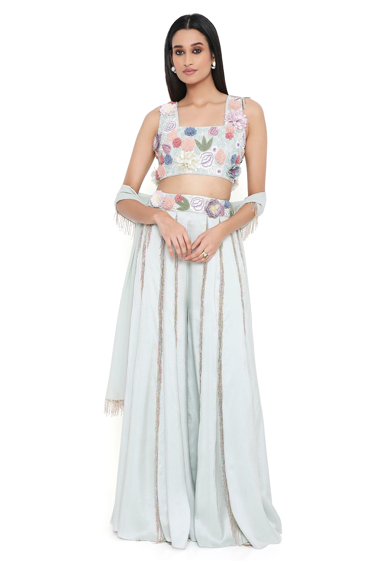 Andrea Sea Foam Embroidered Choli With Sharara And Dupatta