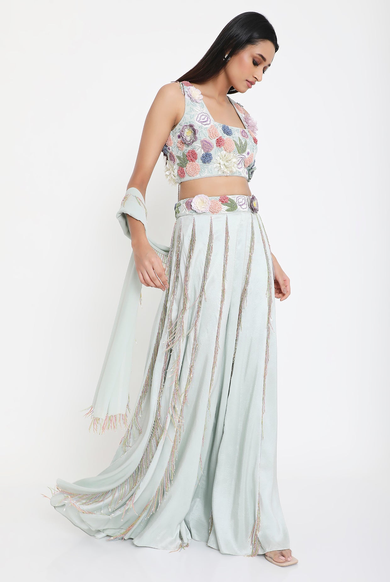 Andrea Sea Foam Embroidered Choli With Sharara And Dupatta