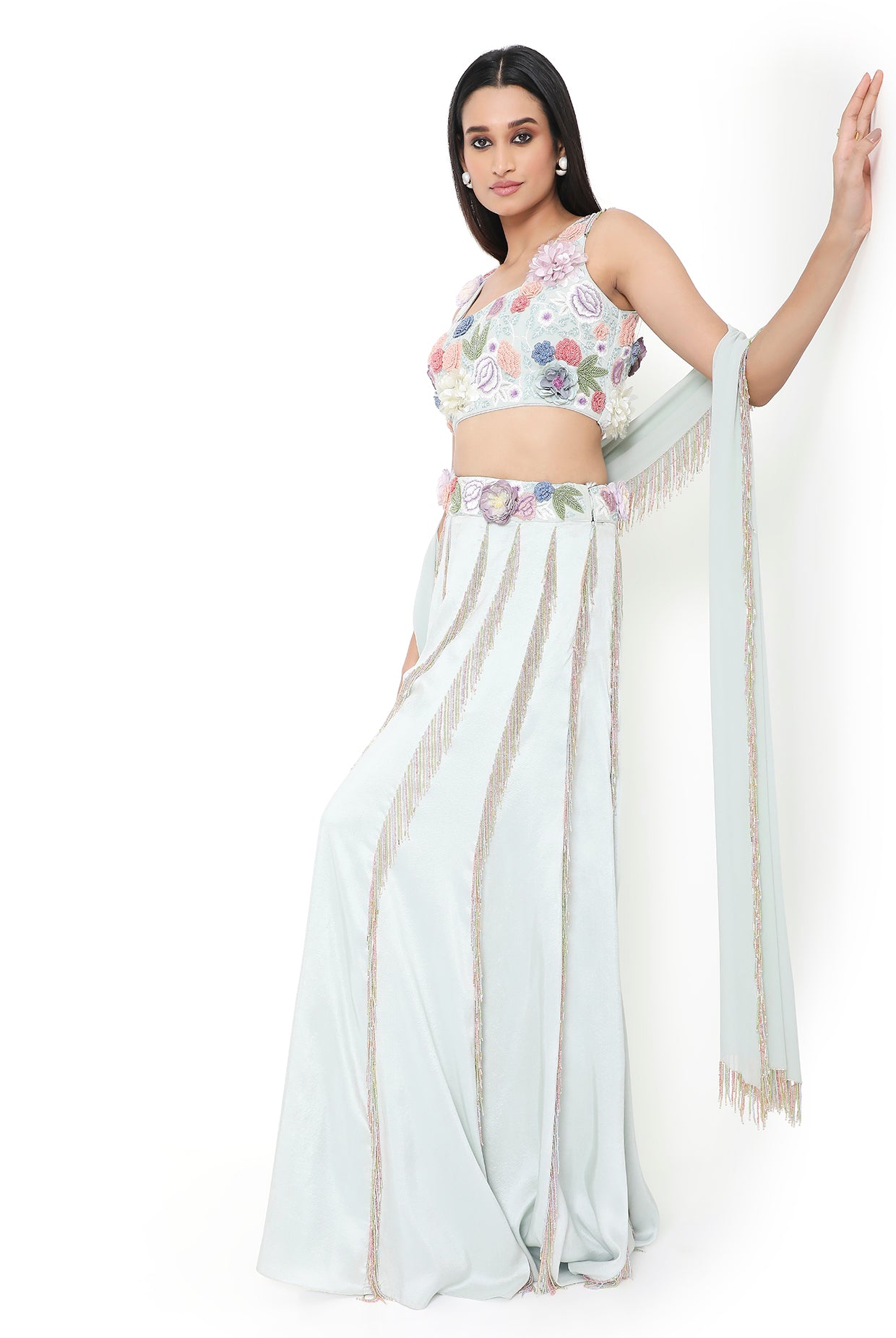 Andrea Sea Foam Embroidered Choli With Sharara And Dupatta
