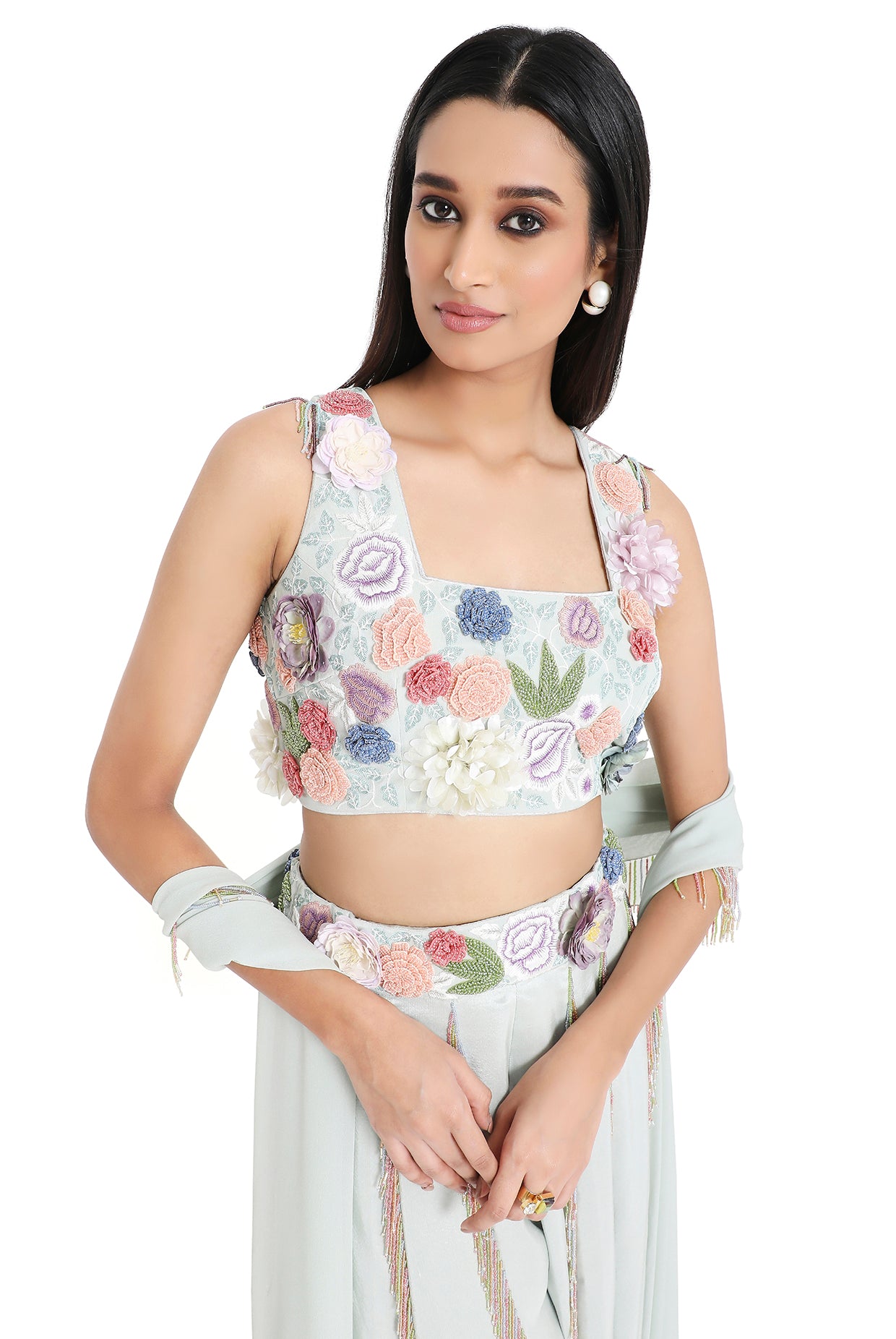 Andrea Sea Foam Embroidered Choli With Sharara And Dupatta