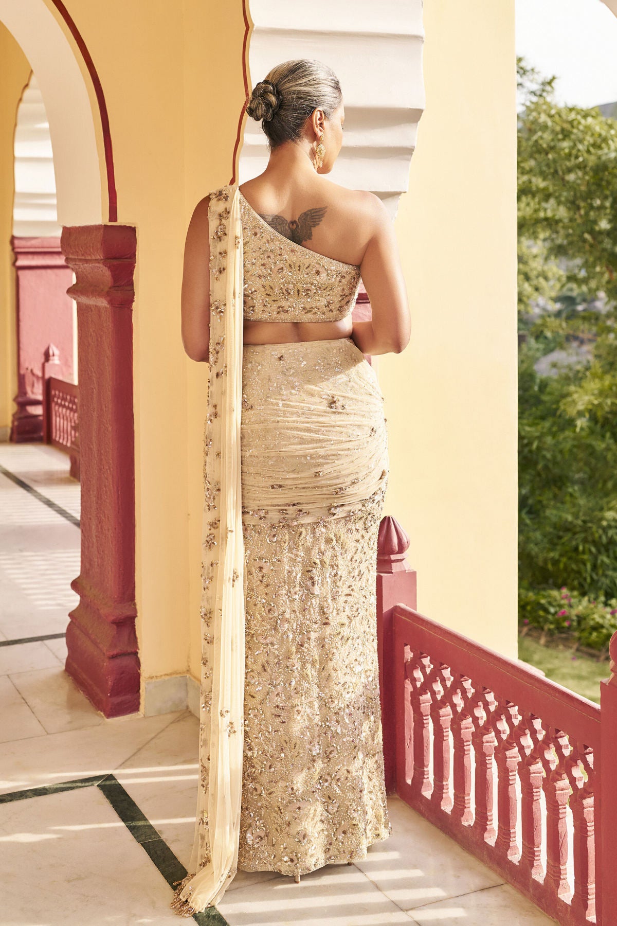 Keepsake Embroidered Pre-draped Saree - Beige